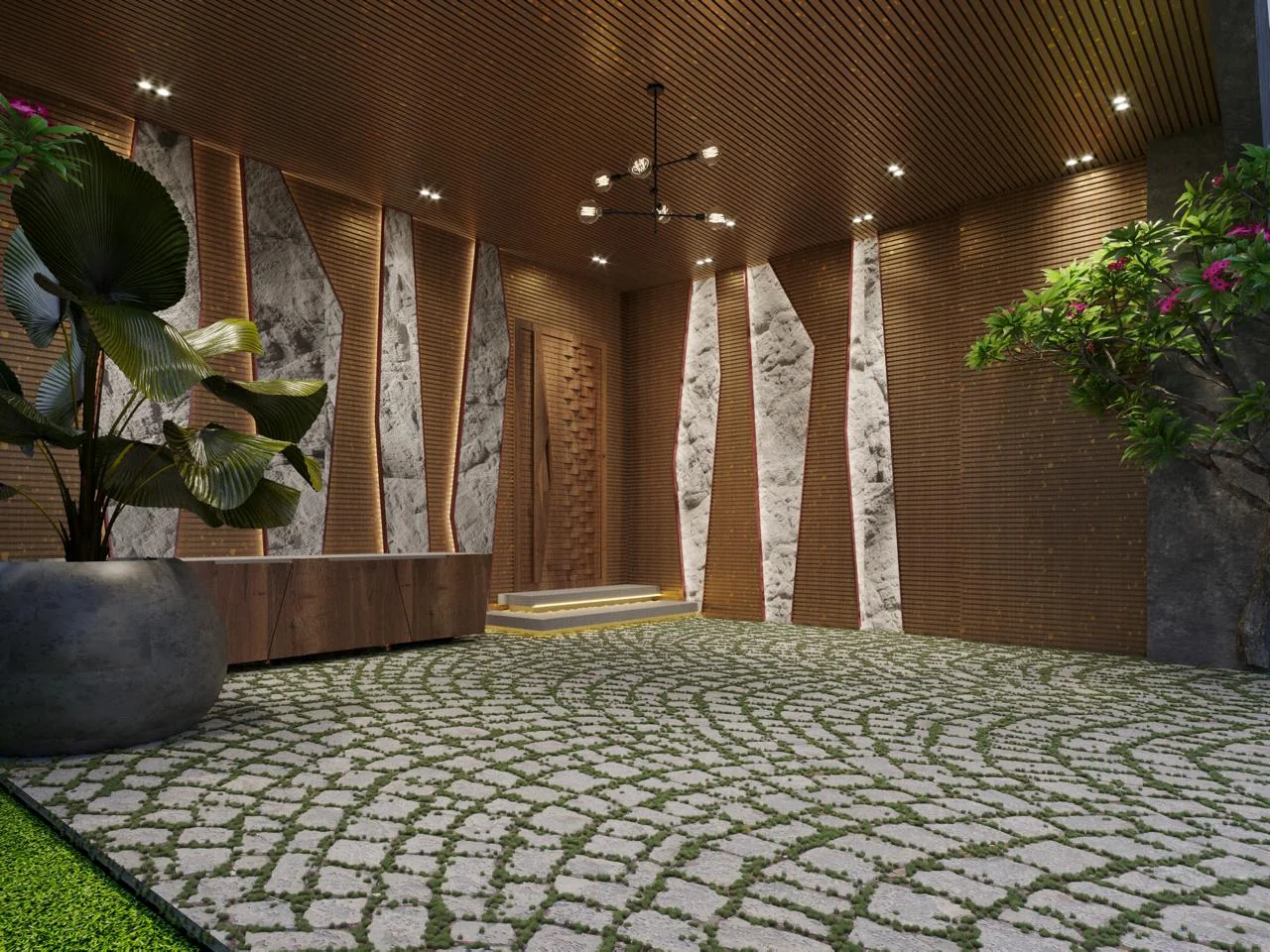 Visualisation of courtyard paving in stone setts with planted joints, leading to a carved timber entrance door