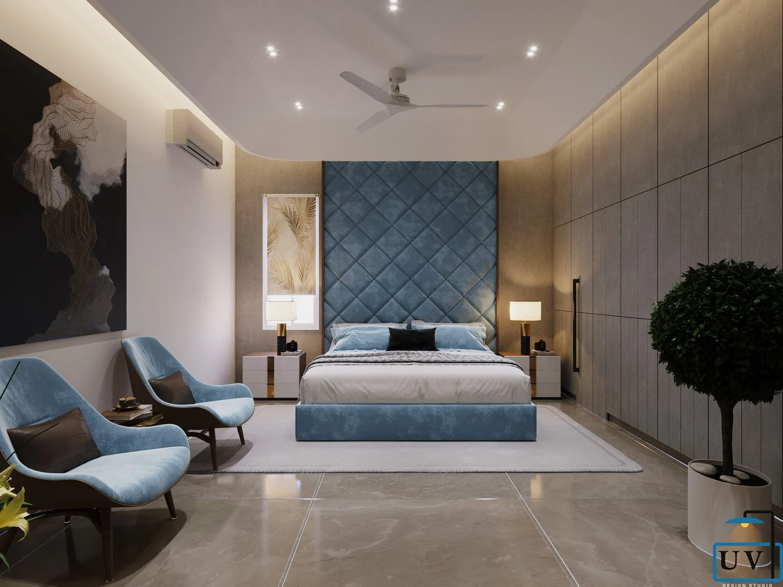 Visualisation of a bedroom with a blue quilted headboard wall and pale blue lounge chairs
