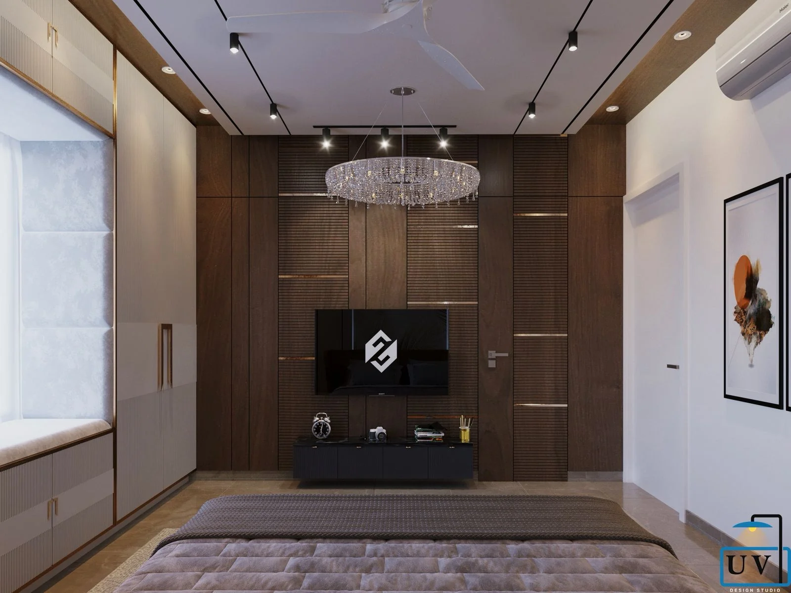 Visualisation of a bedroom with a dark timber television wall beneath a chandelier
