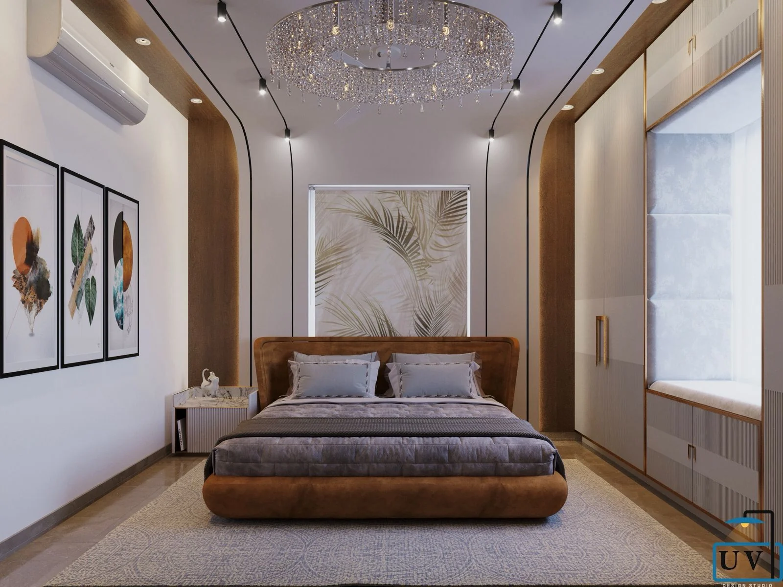 Visualisation of a bedroom with a crystal chandelier, a curved cove ceiling and a window seat
