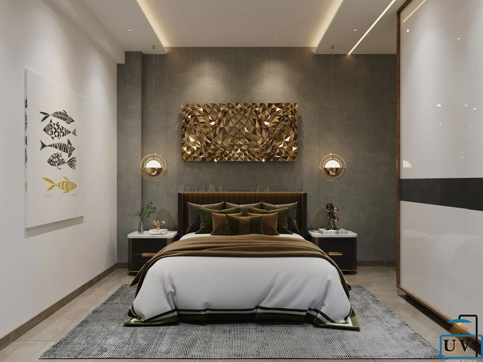 Visualisation of a bedroom with a gold textured art panel above the headboard and wall sconces