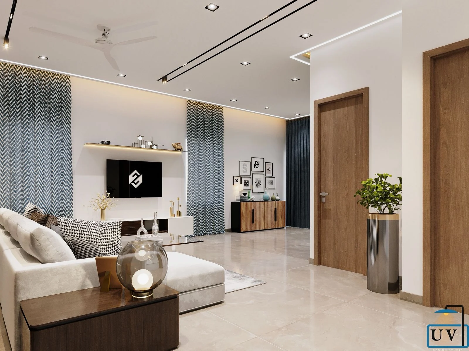 Visualisation of a bedroom lounge with blue patterned curtains and a framed gallery wall