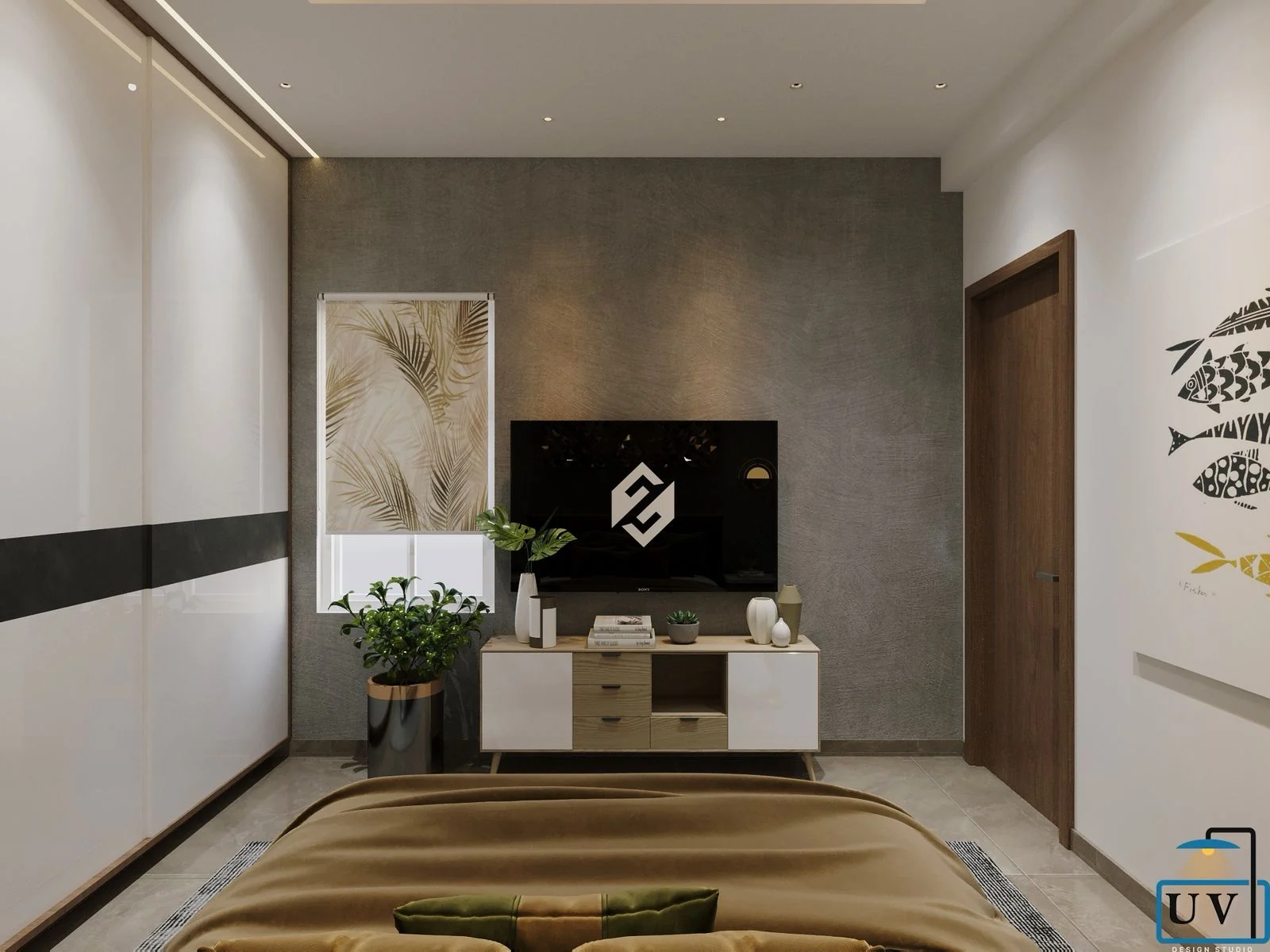 Visualisation of a bedroom with a television sideboard beside a full wardrobe run