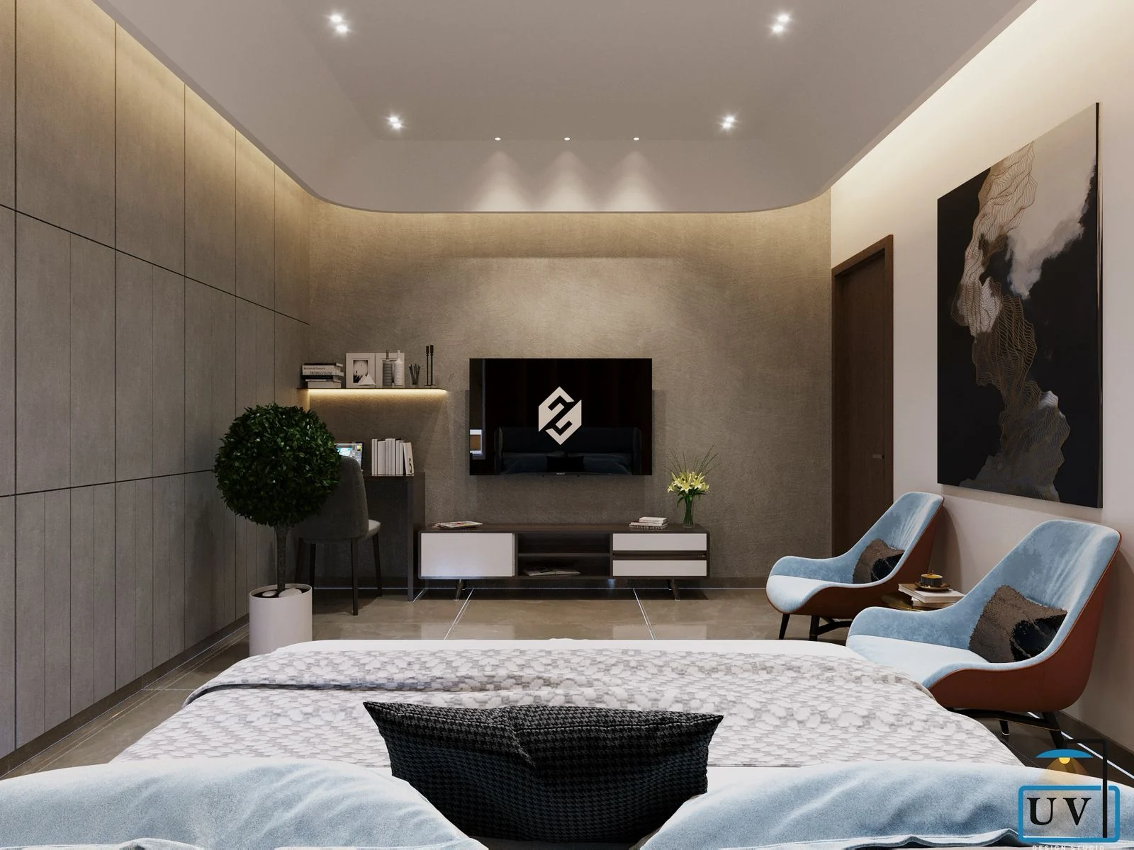 Visualisation of a bedroom television wall with blue lounge chairs and a study return