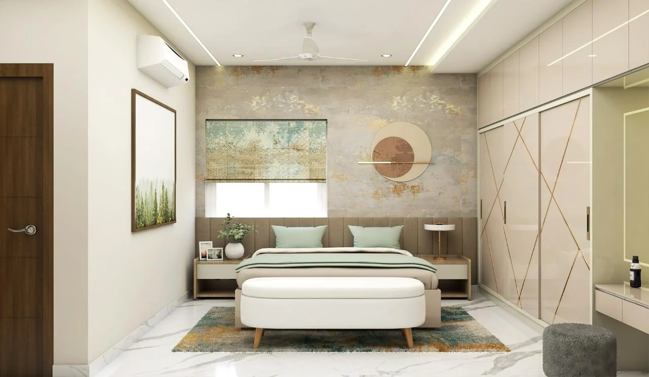 Visualisation of a bedroom with a textured headboard wall and a sliding wardrobe