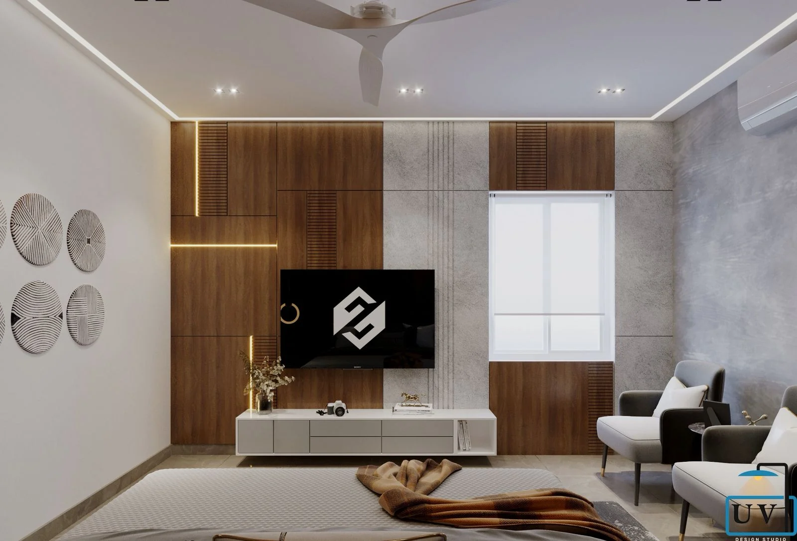 Visualisation of a bedroom with a timber television panel and a pair of lounge chairs