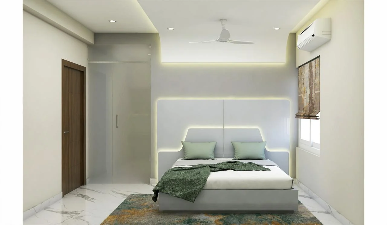 Visualisation of a bedroom with an upholstered headboard beneath a cove-lit ceiling
