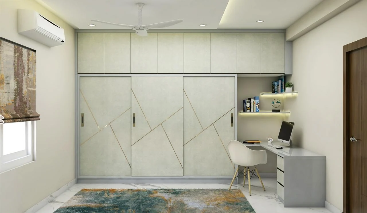 Visualisation of a bedroom wardrobe wall with brass inlay lines and a study return