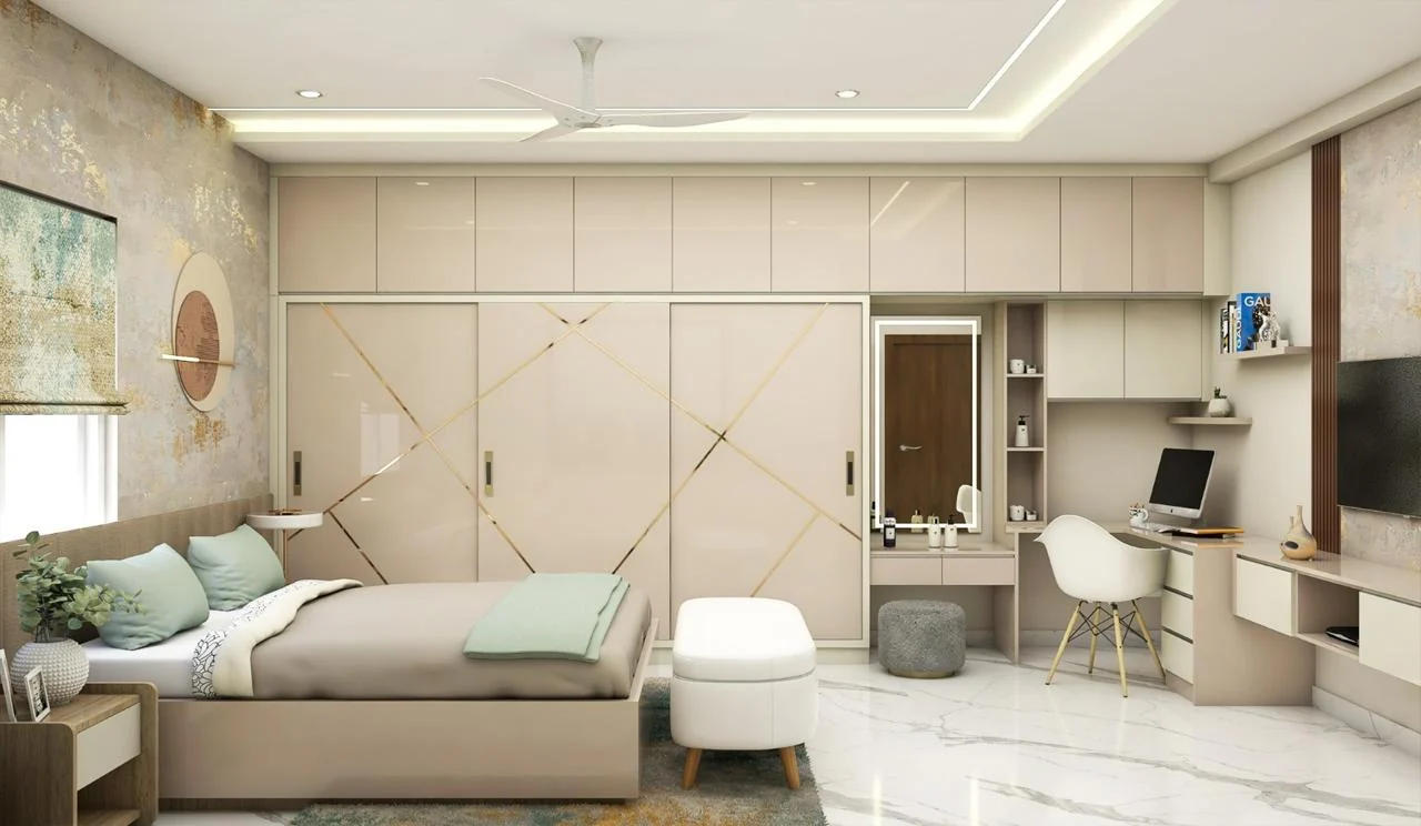 Visualisation of a bedroom wardrobe with an integrated dressing table and study desk