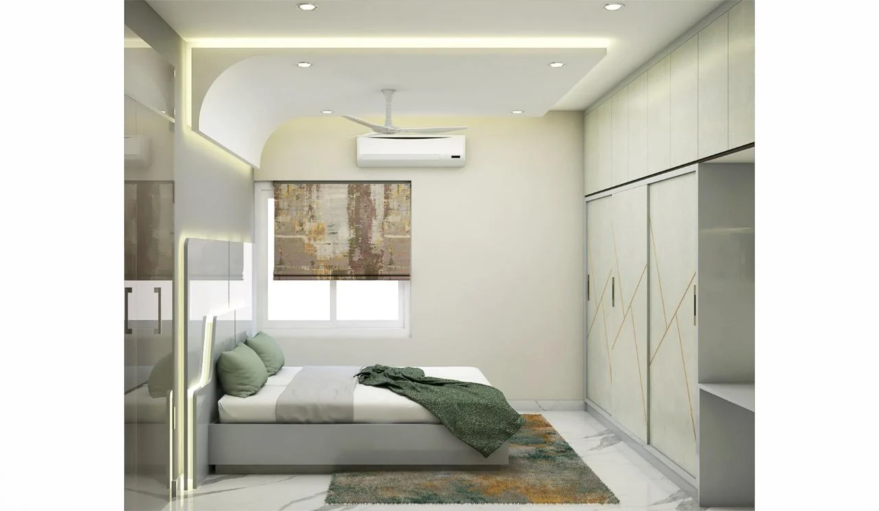 Visualisation of a bedroom wardrobe wall beside a window admitting daylight