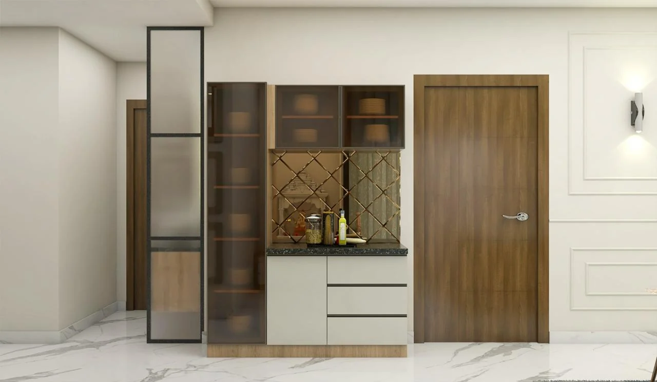 Visualisation of a crockery unit with a mirrored back within a timber frame