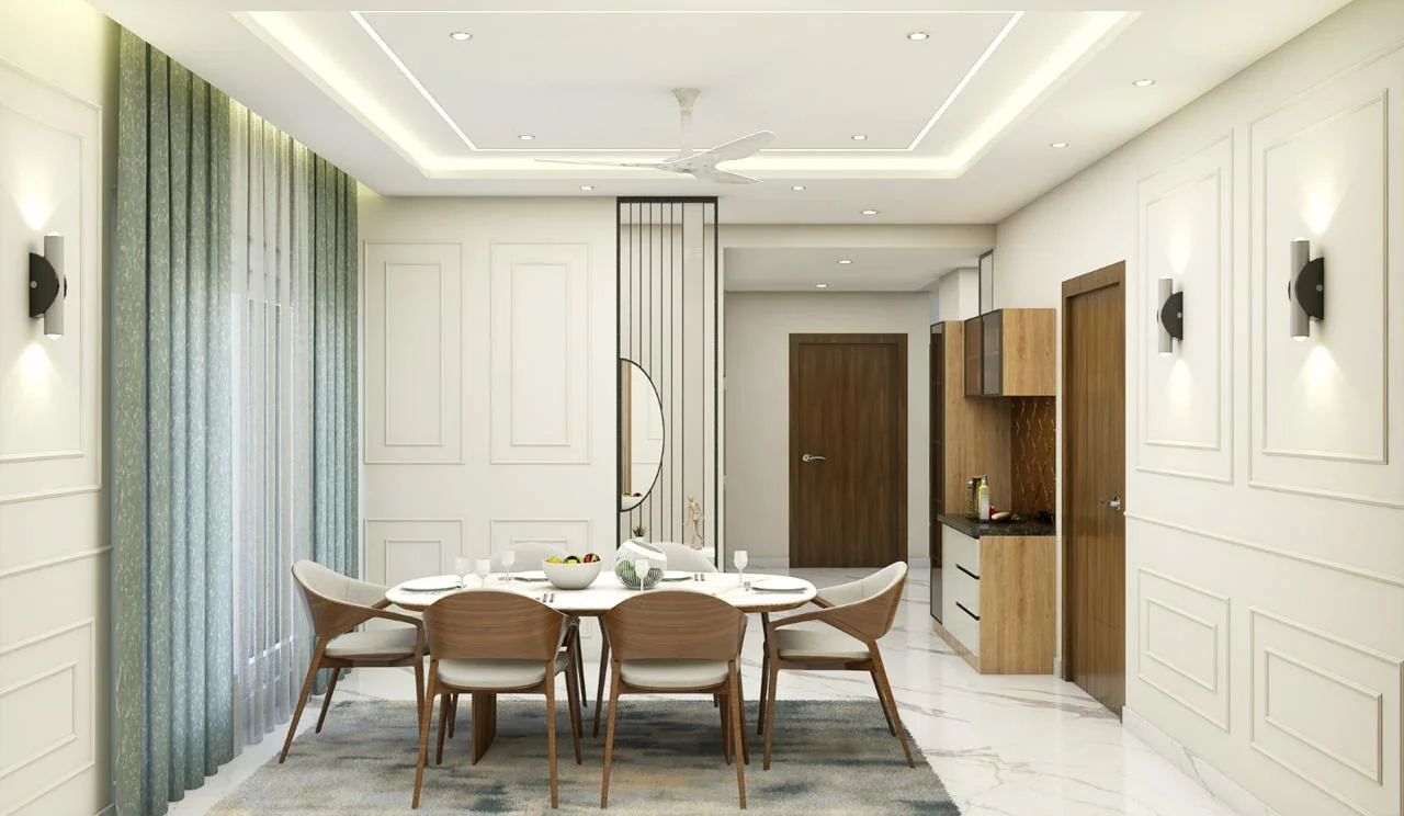 Visualisation of a dining area with a round table and a panelled partition