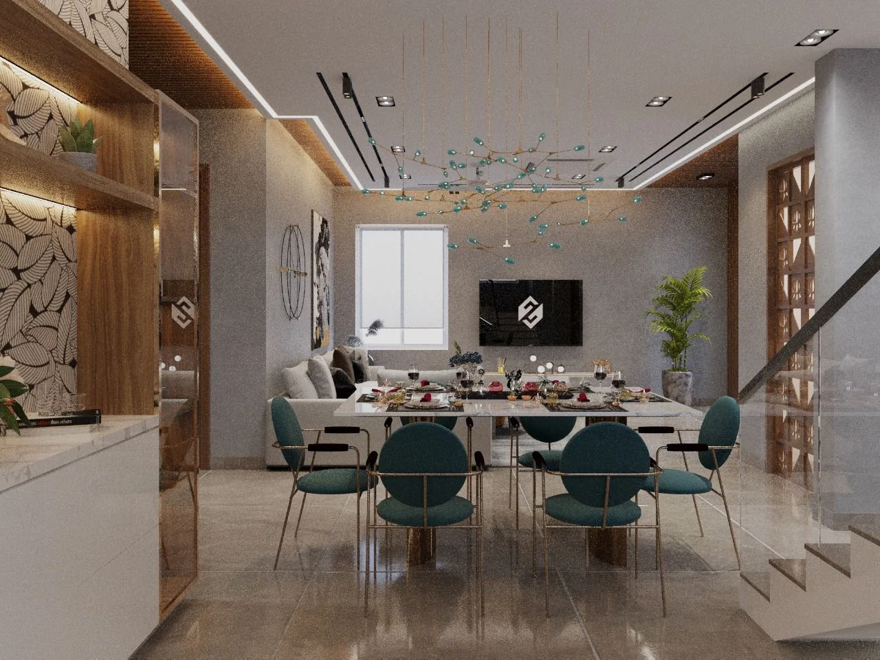 Visualisation of a dining area with teal chairs and a branching chandelier beside the staircase