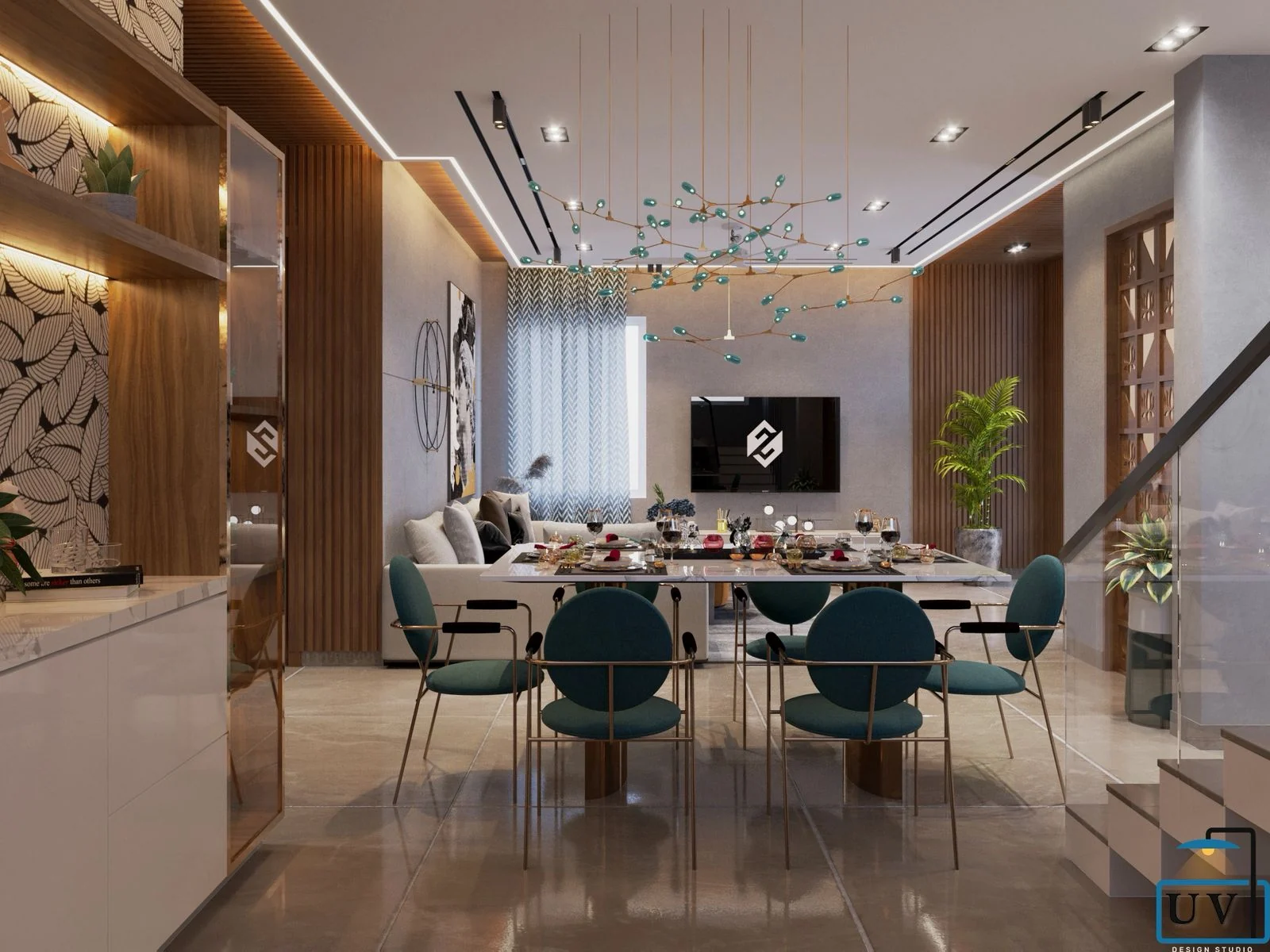 Visualisation of a dining table with teal upholstered chairs beneath a branching chandelier