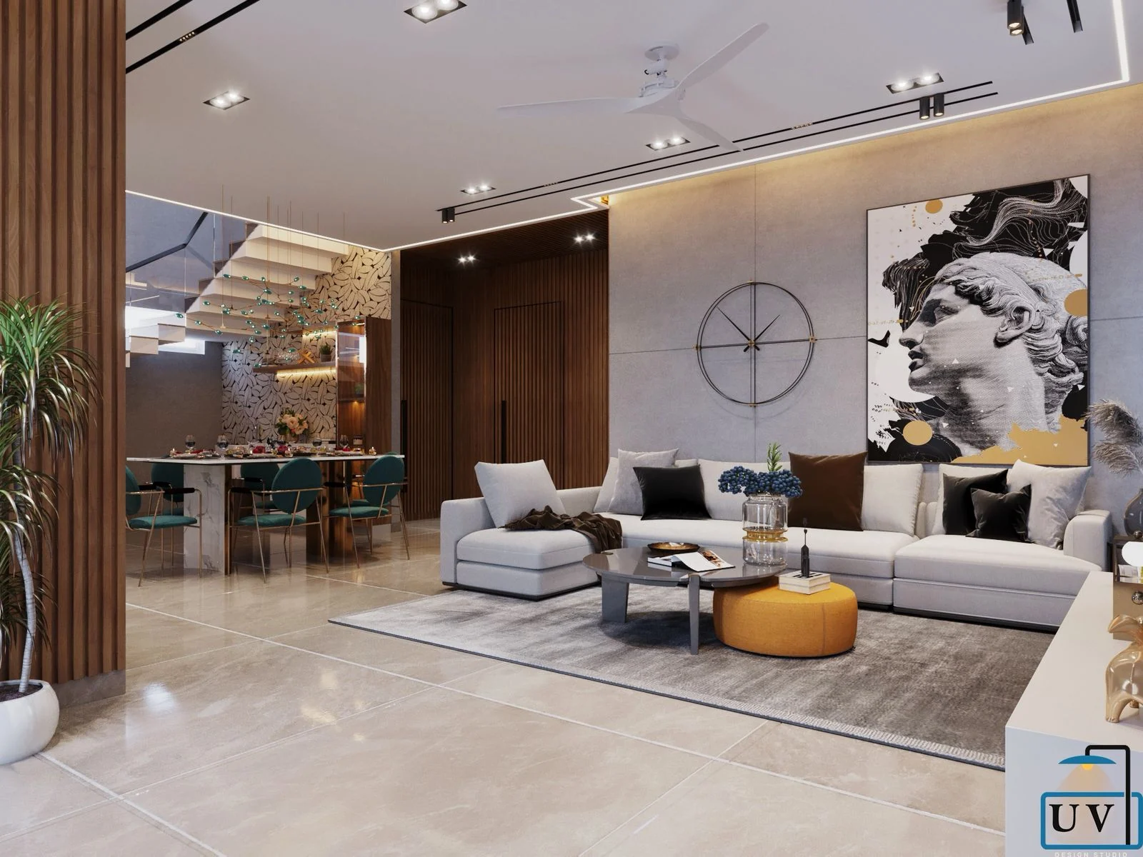 Visualisation of a double-height living and dining space with an open staircase, sculptural artwork and a pale sectional sofa