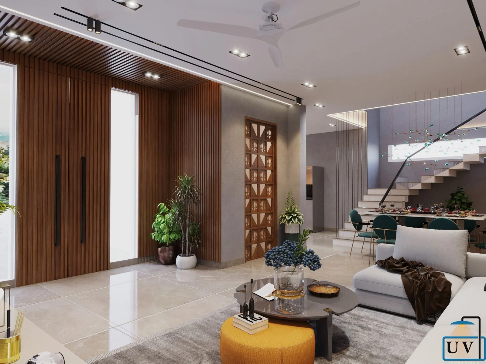 Visualisation of a foyer in timber slat panelling with a jaali screen and the open staircase beyond