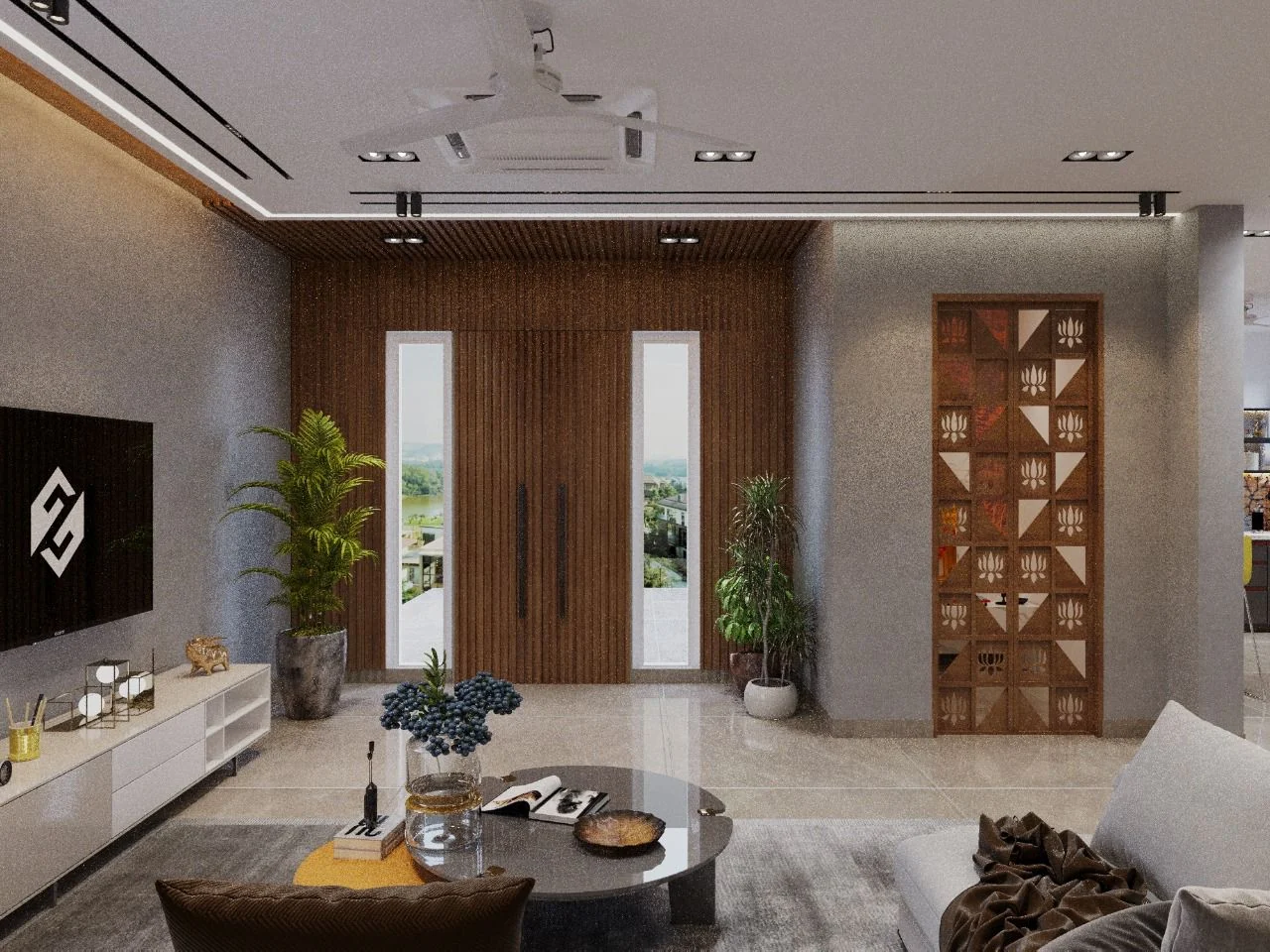 Visualisation of an entrance with tall windows, timber slat panelling and a carved jaali screen