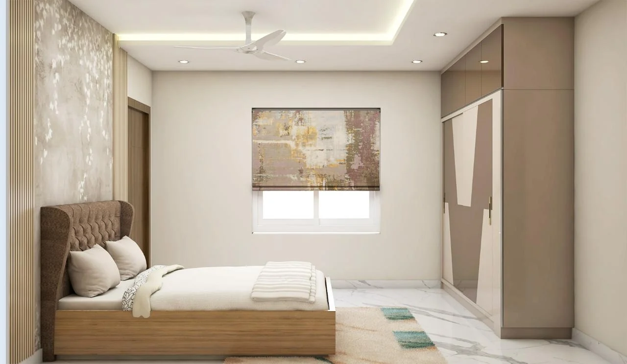 Visualisation of a guest bedroom with a timber bed frame and a run of wardrobes
