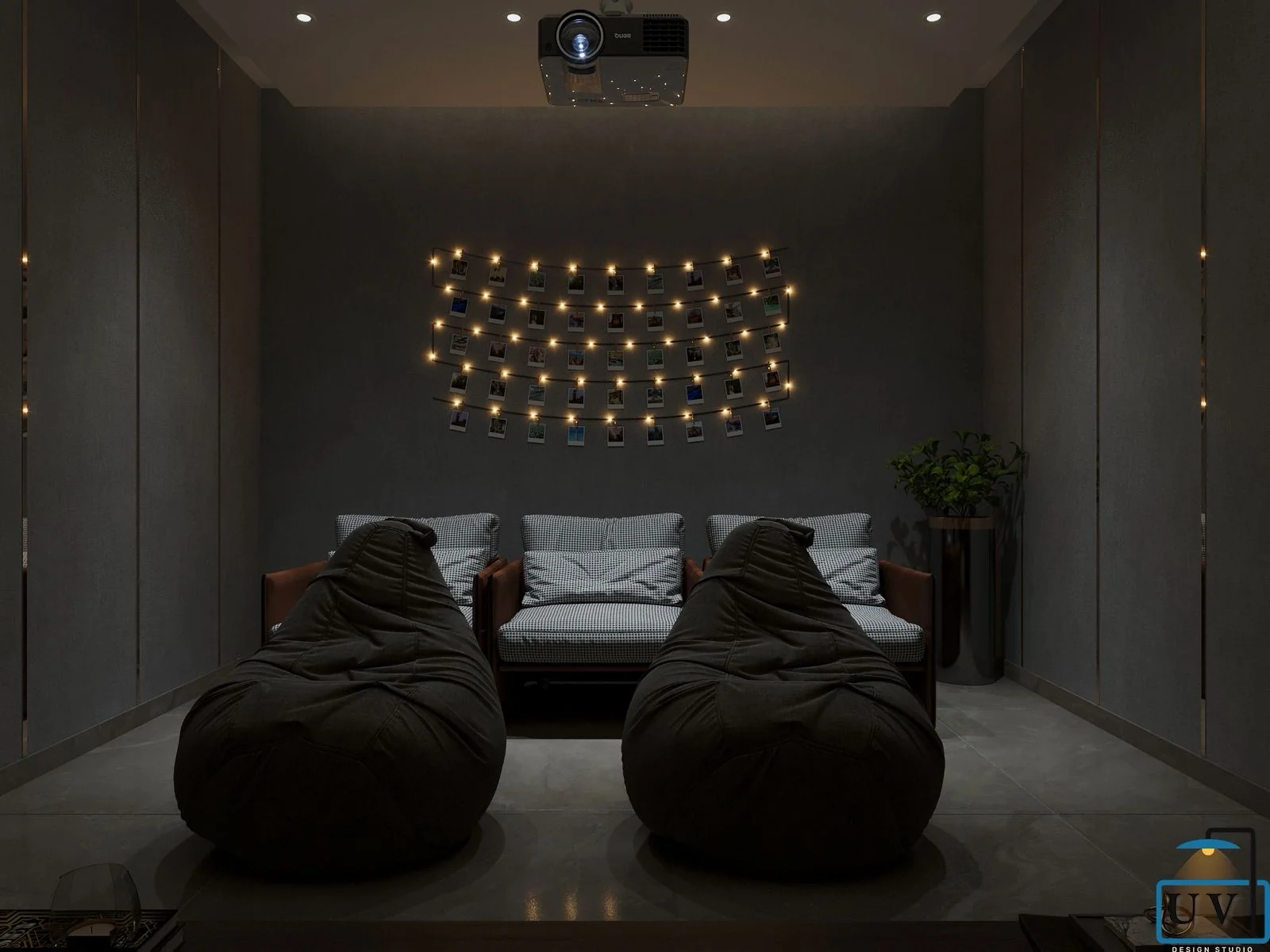 Visualisation of a home theatre with a fairy-lit photograph wall, bean bags and low daybeds
