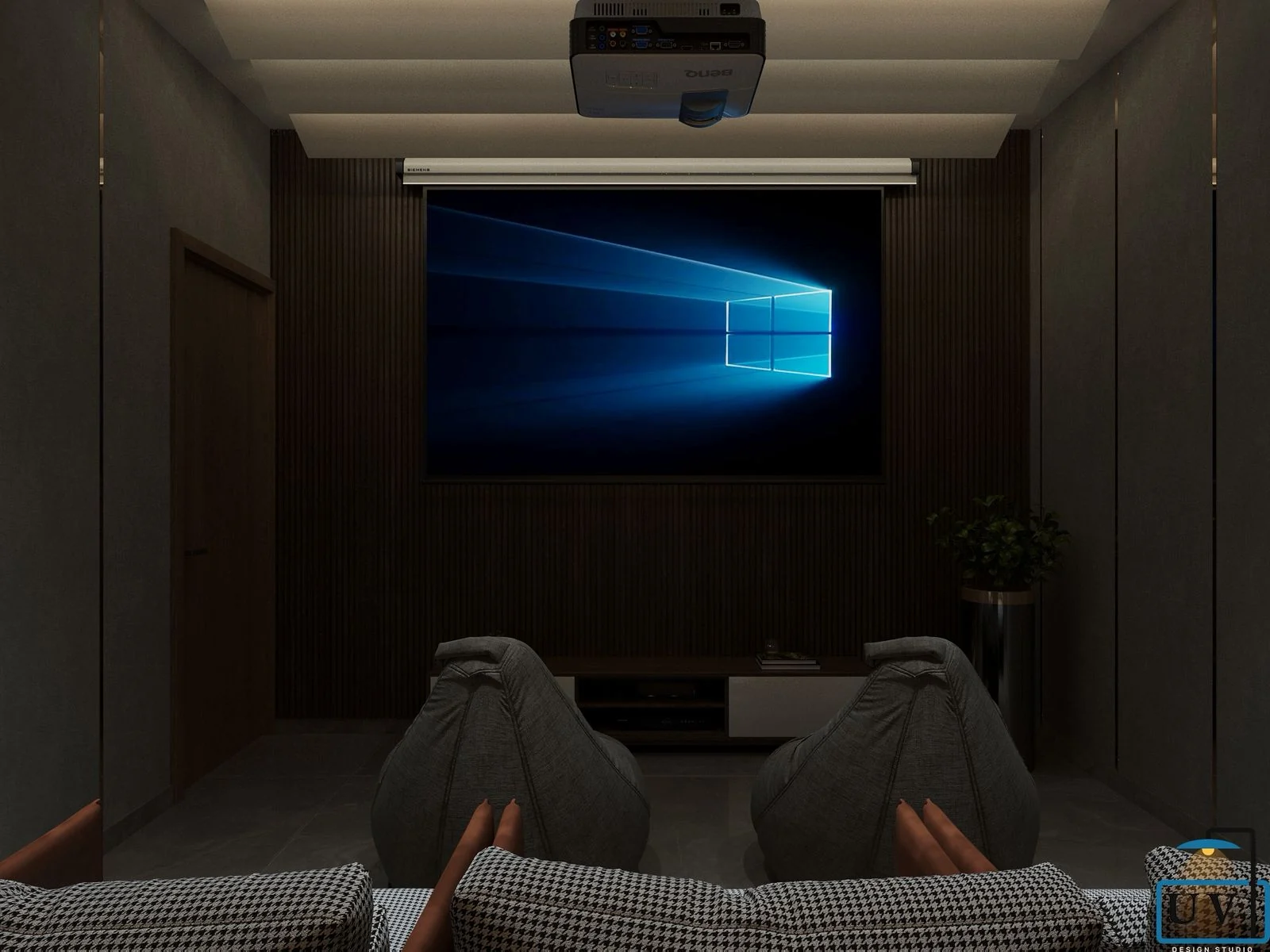 Visualisation of a home theatre with a drop-down projection screen and bean bag seating