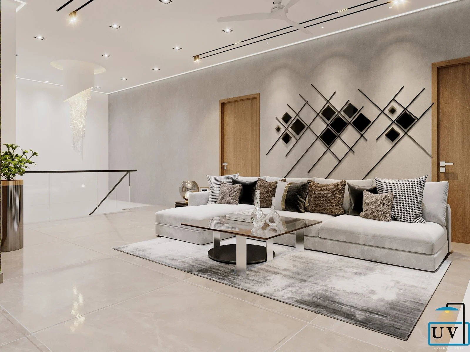 Visualisation of a living room with a geometric diamond wall arrangement beside the upper-level void