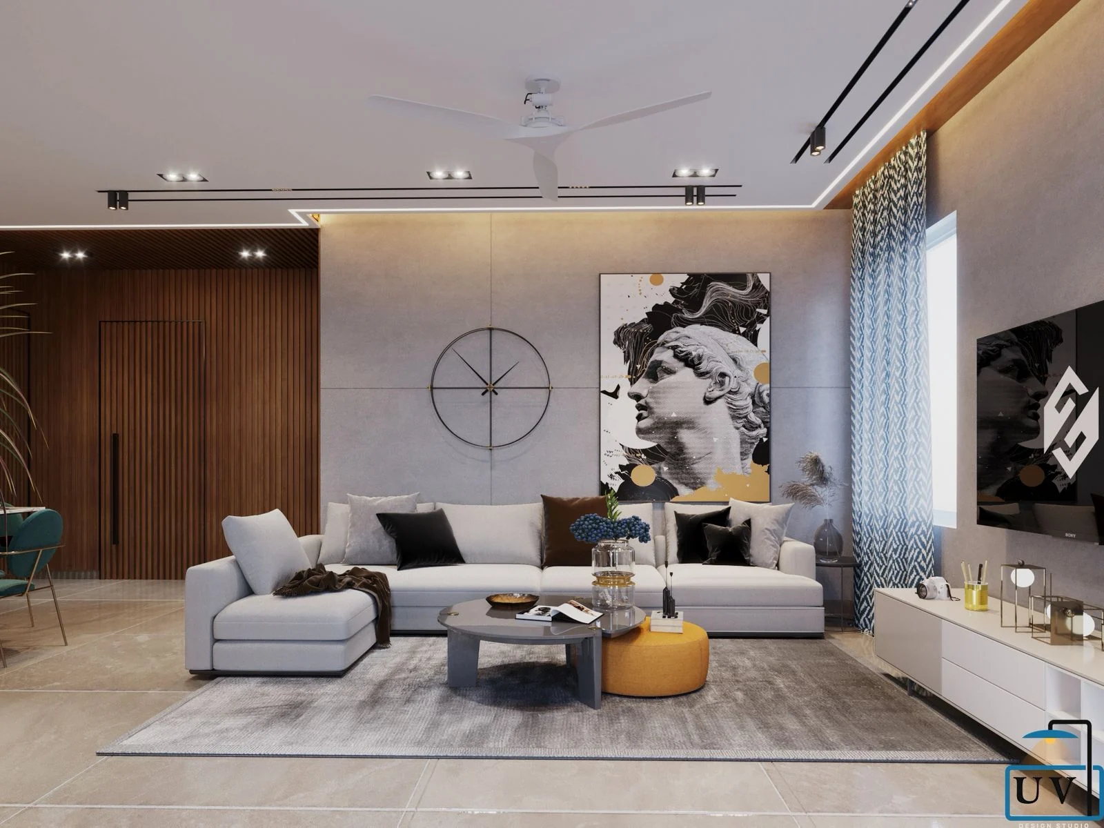 Visualisation of a living room with a sculptural artwork above a pale sectional sofa