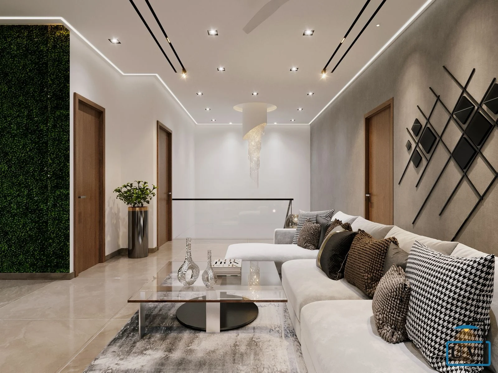 Visualisation of a living room with a vertical garden wall and geometric metal wall art
