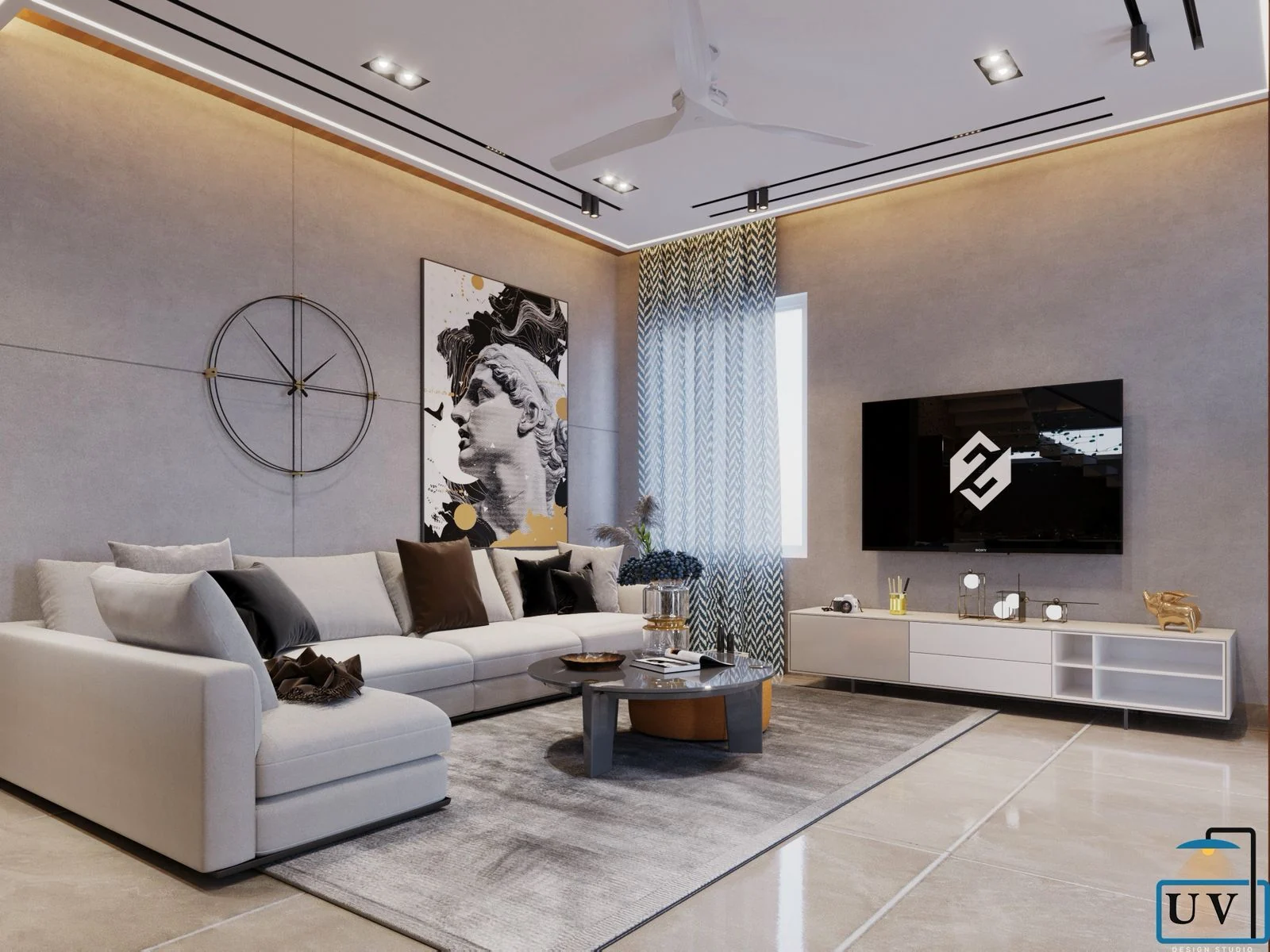 Visualisation of a living room with a white sectional sofa facing a television wall