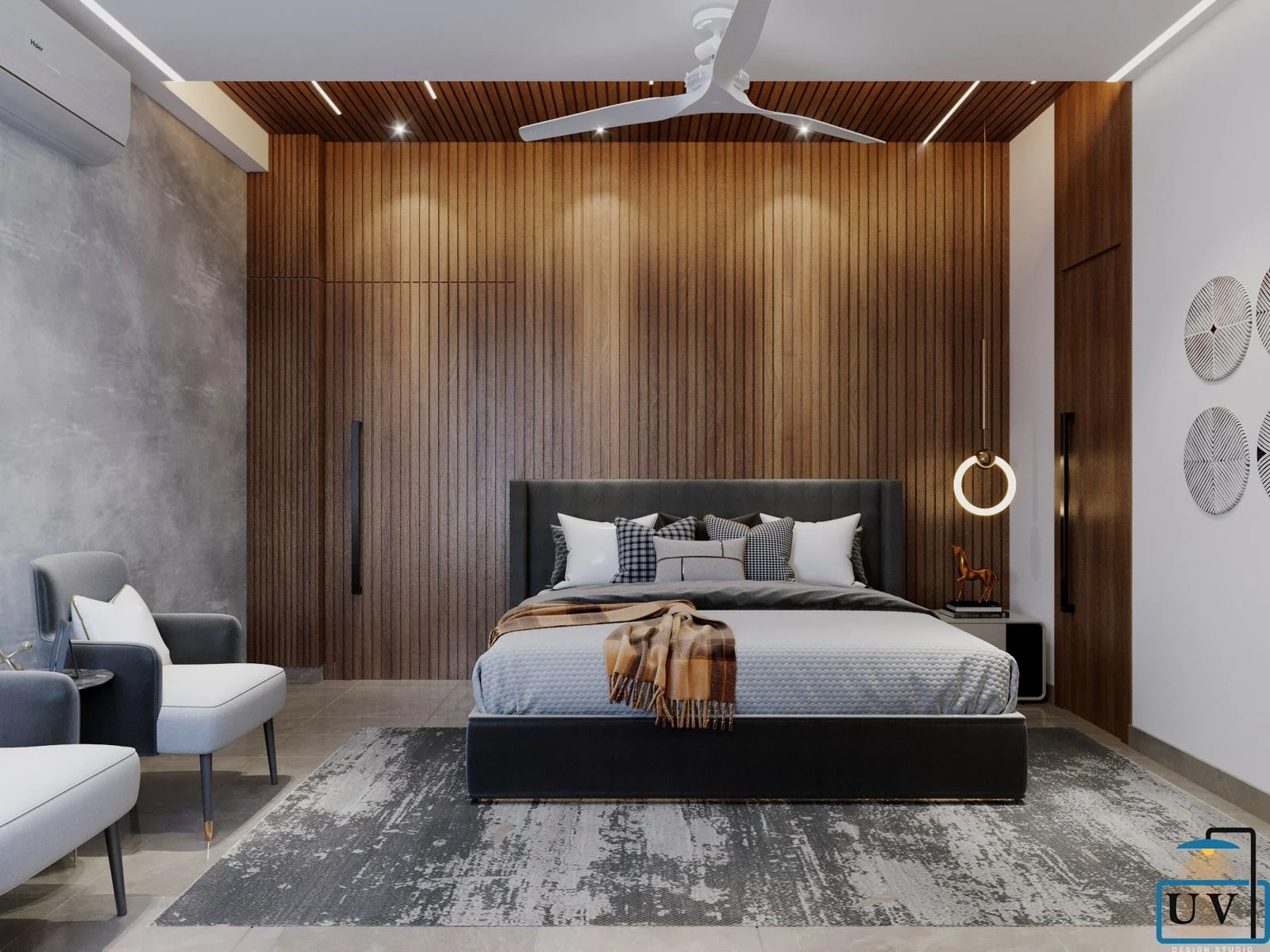 Visualisation of a master bedroom with a full-height timber slat headboard wall and a ring pendant light
