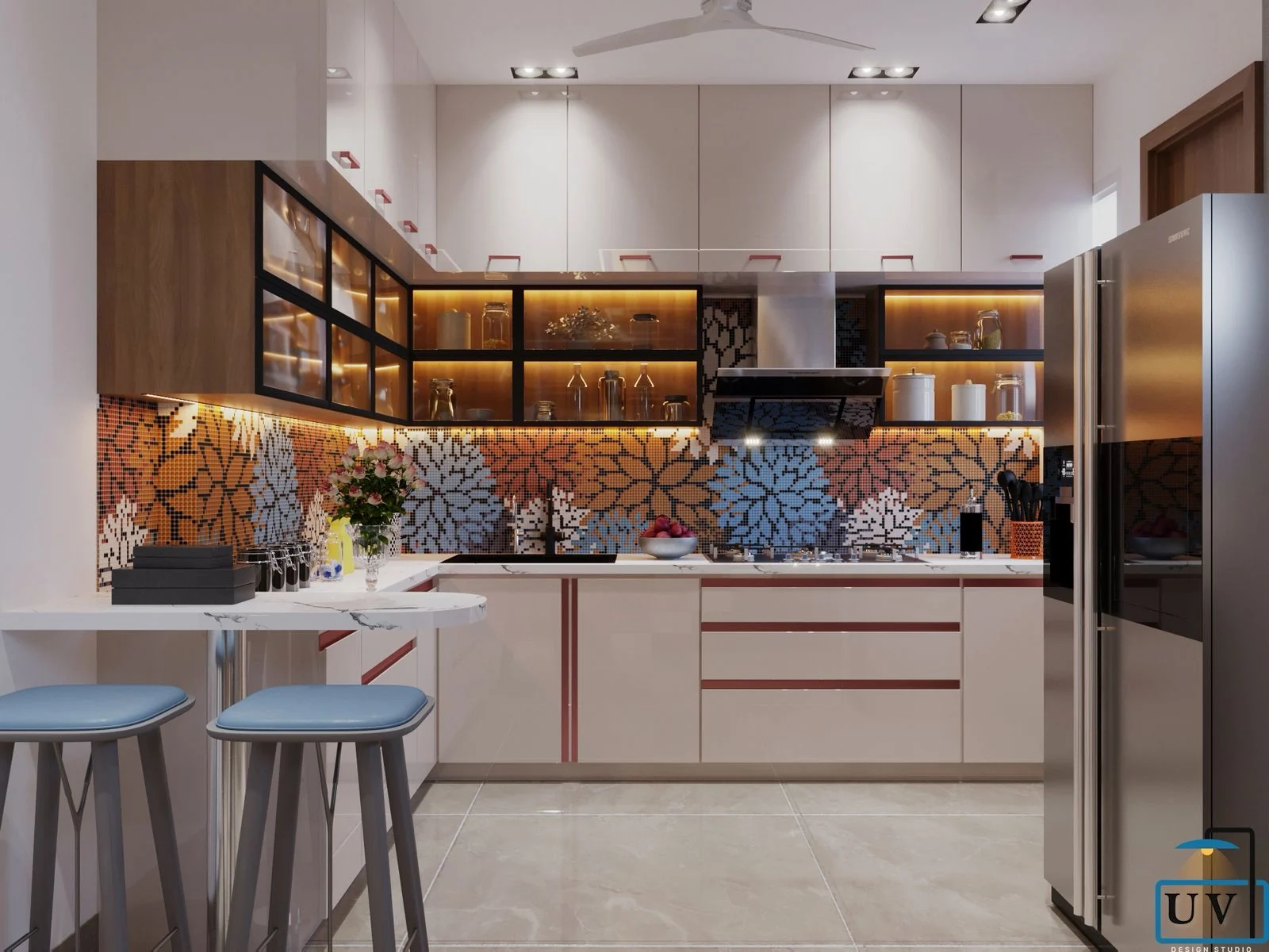 Visualisation of a modular kitchen with a floral mosaic backsplash, glass-fronted wall cabinets and a breakfast bar