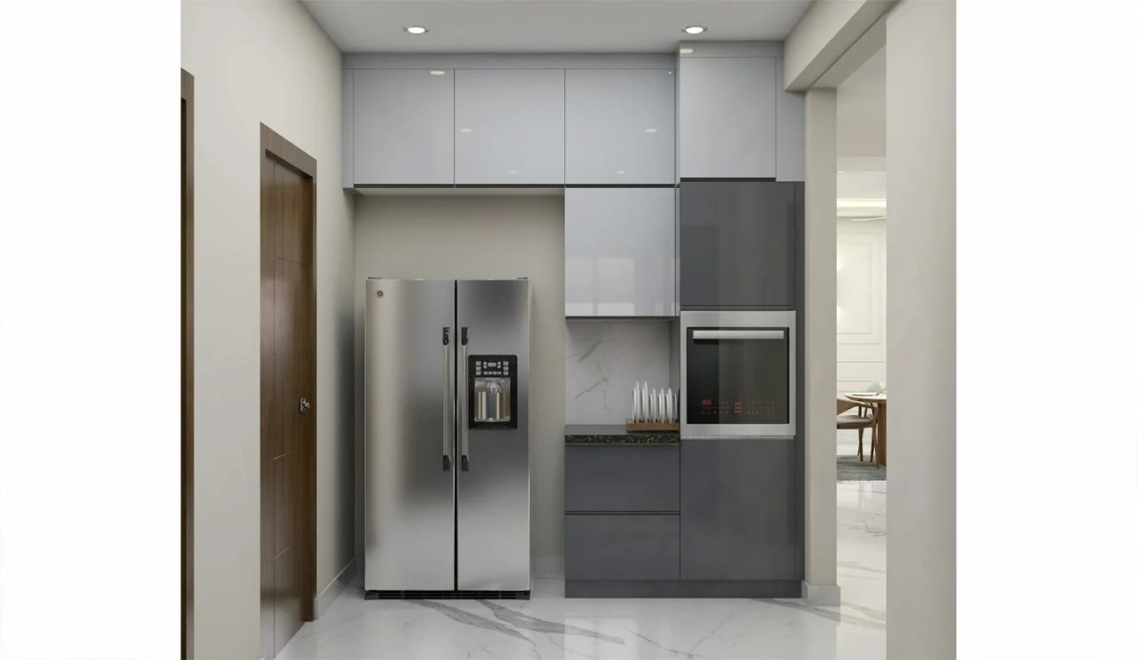 Visualisation of a modular kitchen tall appliance unit housing a refrigerator