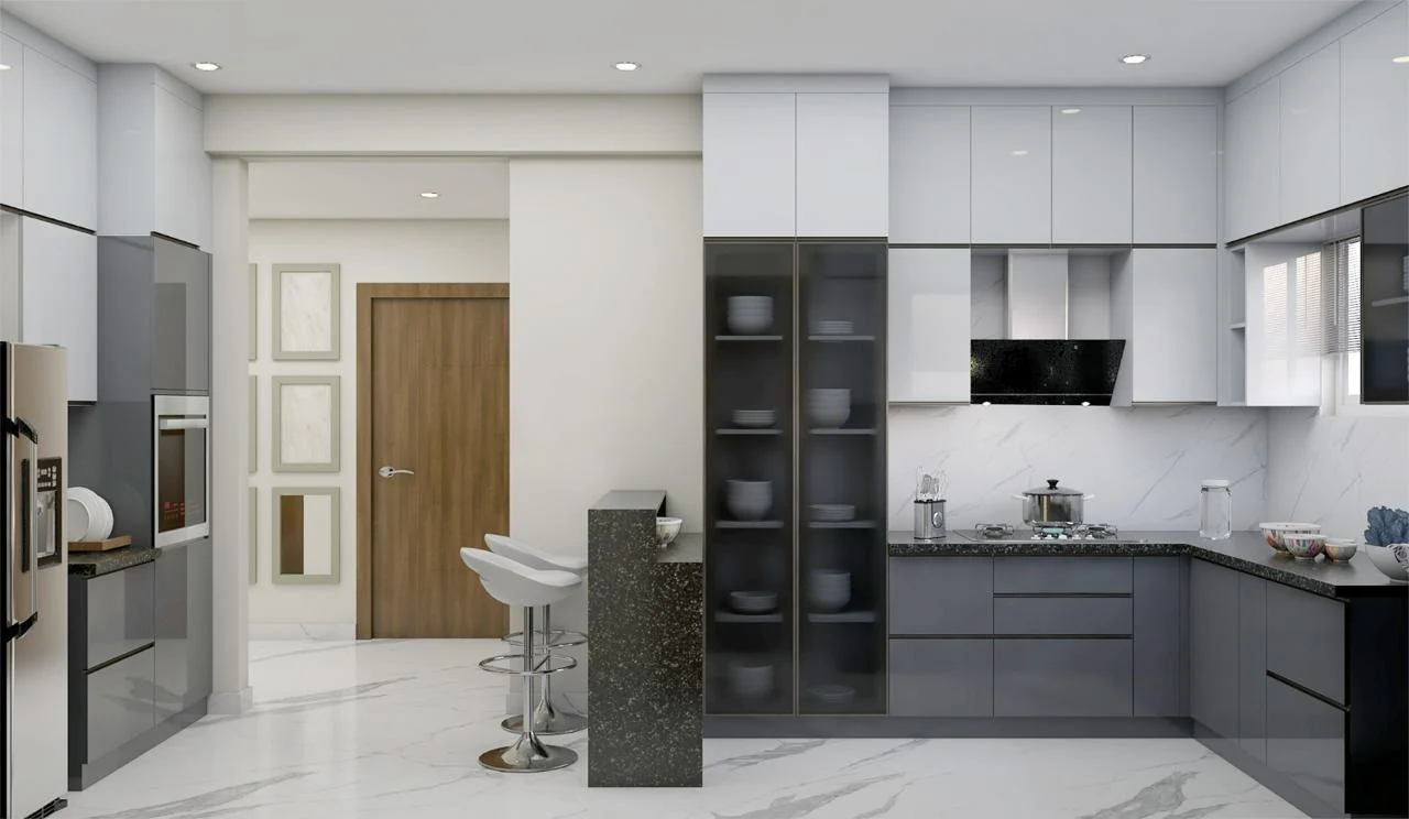 Visualisation of a two-tone gloss modular kitchen with a breakfast counter