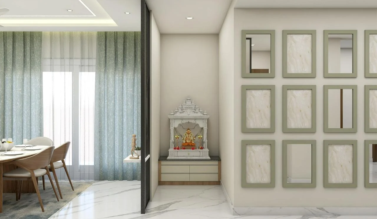 Visualisation of a pooja niche with a carved marble mandir set into a panelled wall