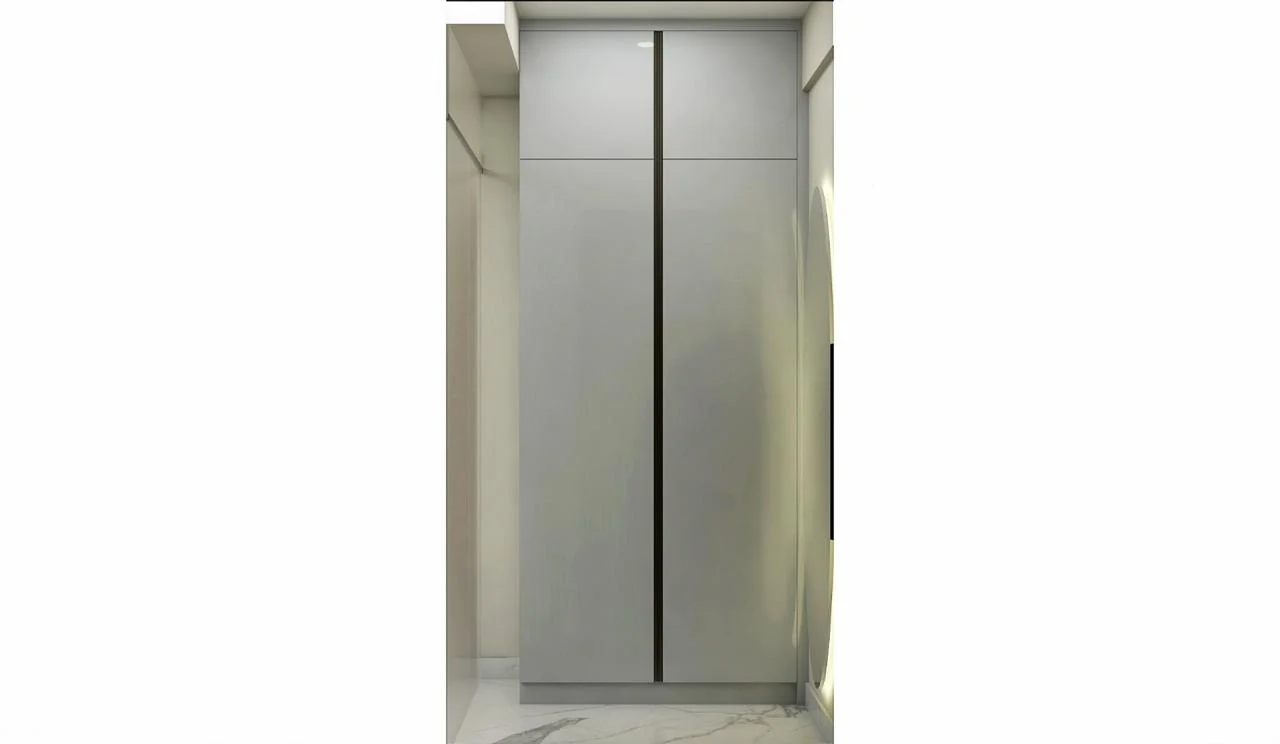 Visualisation of a tall white gloss unit housing the refrigerator