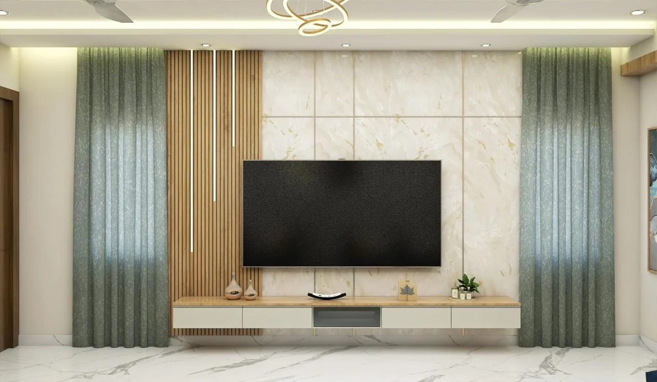 Visualisation of a marble television wall edged with fluted timber and concealed cove lighting