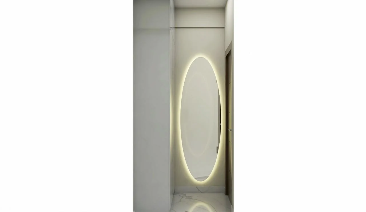 Visualisation detail of a washbasin with a backlit oval mirror