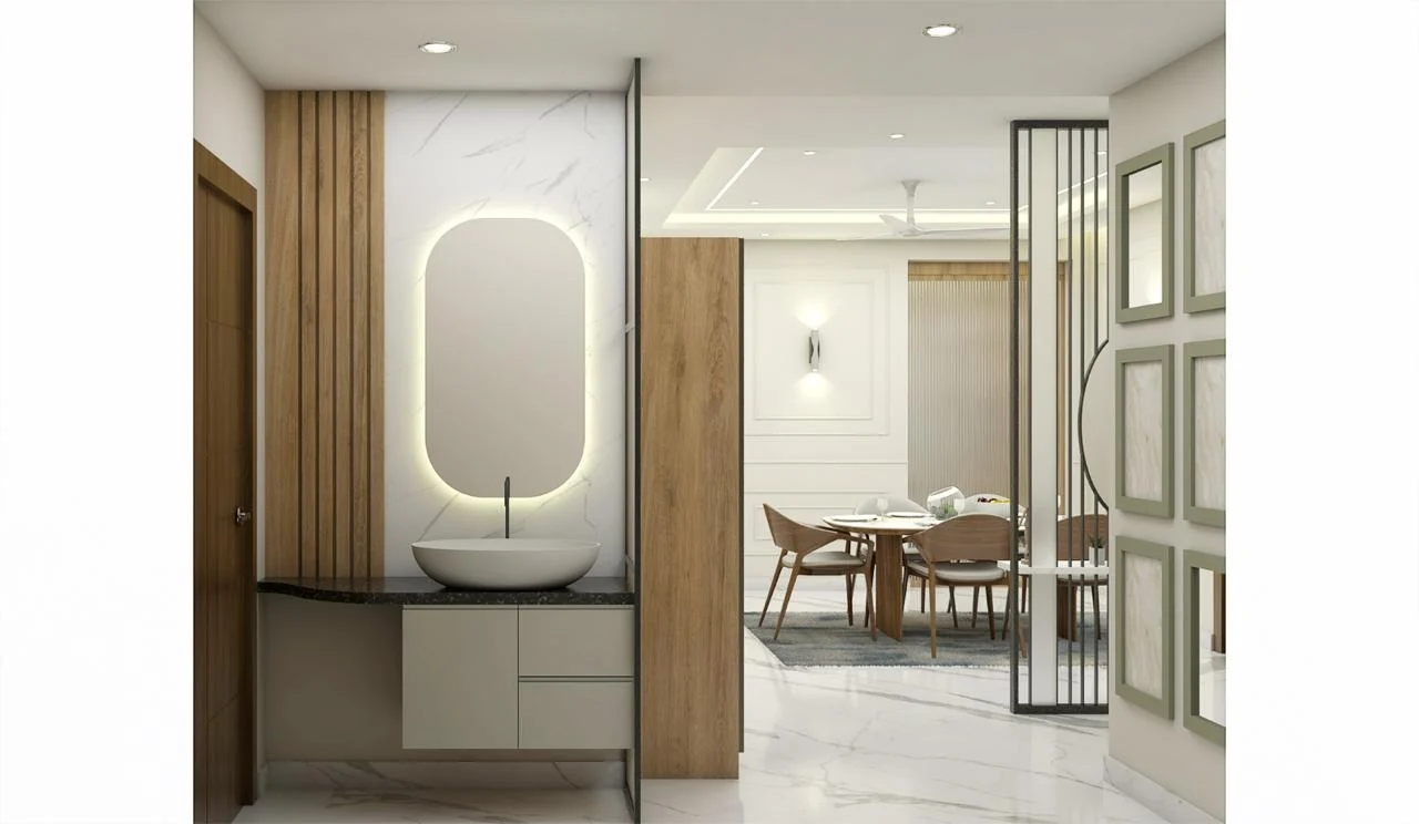 Visualisation of a washbasin counter with a backlit mirror, with the dining area beyond